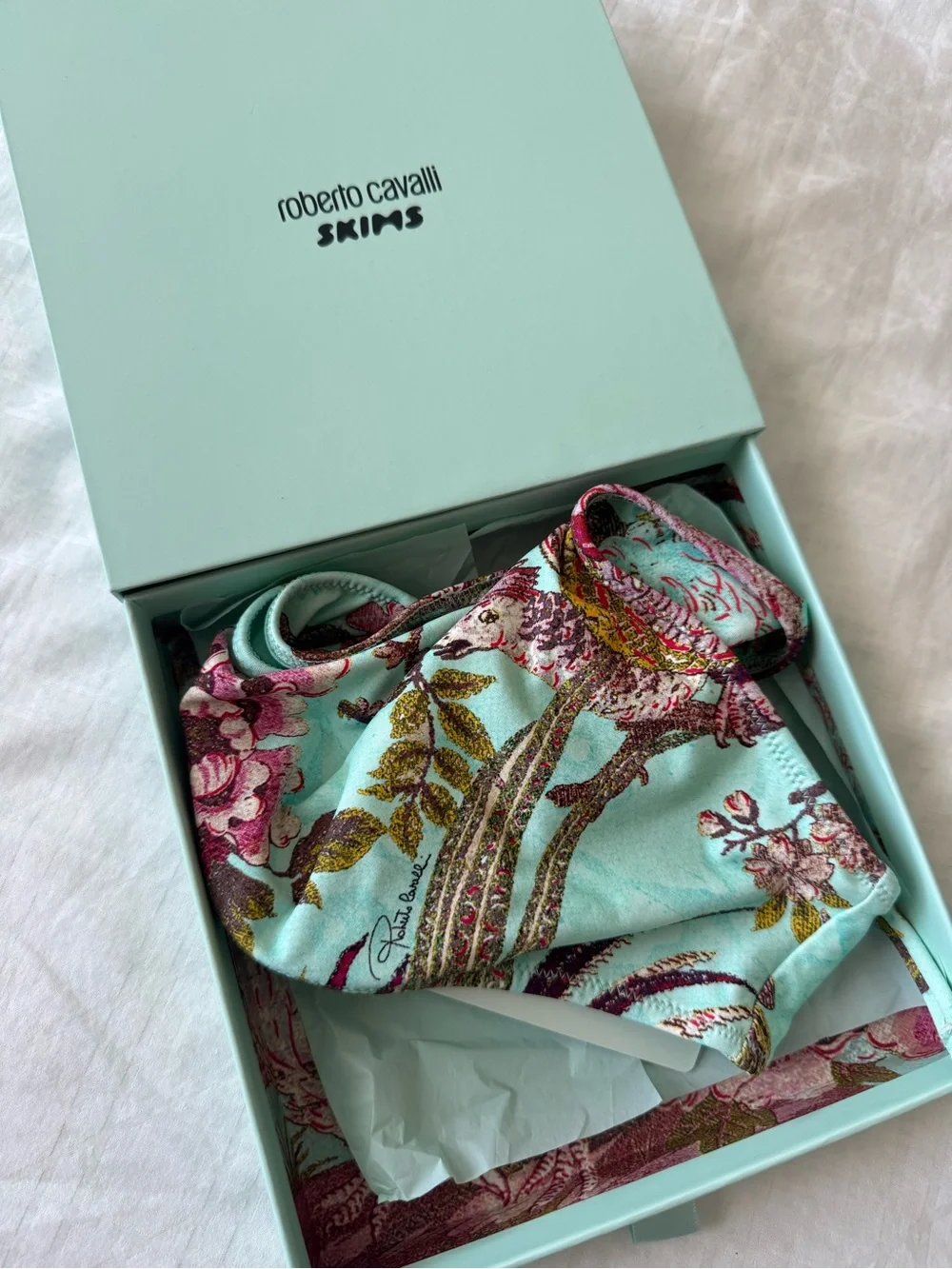 SKIMS Aqua Floral Print Bikini Bottom with Bird Motif
